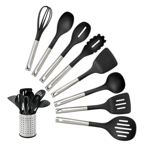 Venta caliente 8 piezas de nailon y mango de acero inoxidable utensilios de cocina con soporte de acero