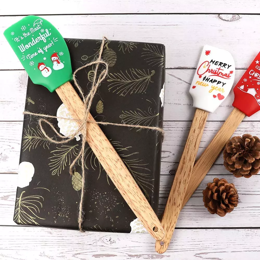 6PACKS Gran impresión de regalo de espátula de silicona de Navidad con mango de madera natural
